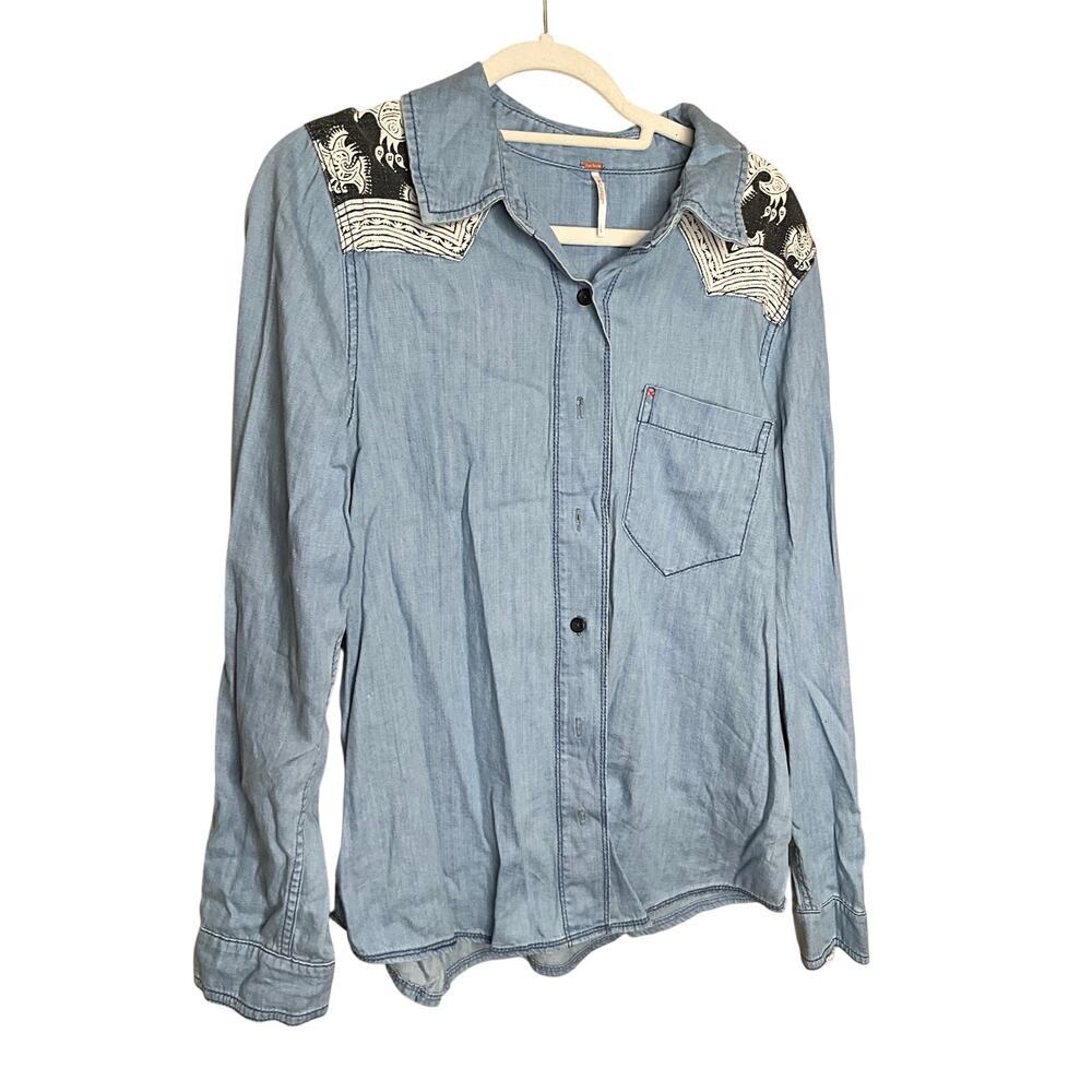 Free People Denim Cowboy Shirt Button-Up Long Sleeve Blue Womens Size L NWT